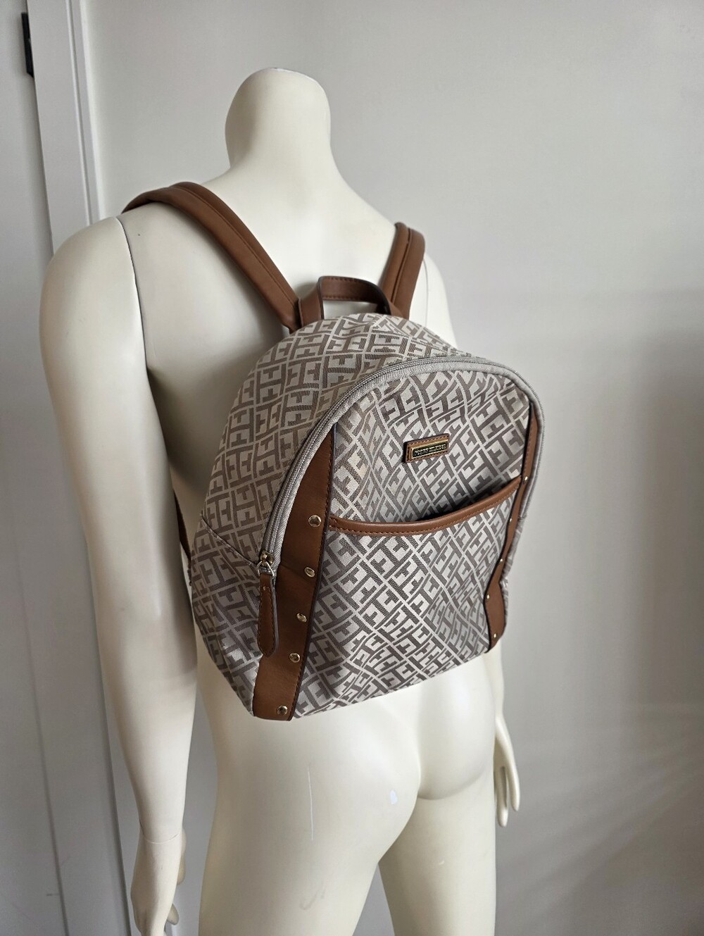 Tommy Hilfiger Tan & Cream Monogram Backpack with Brown Trim